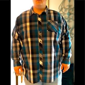 Men’s white, black & blue button up dress shirt.